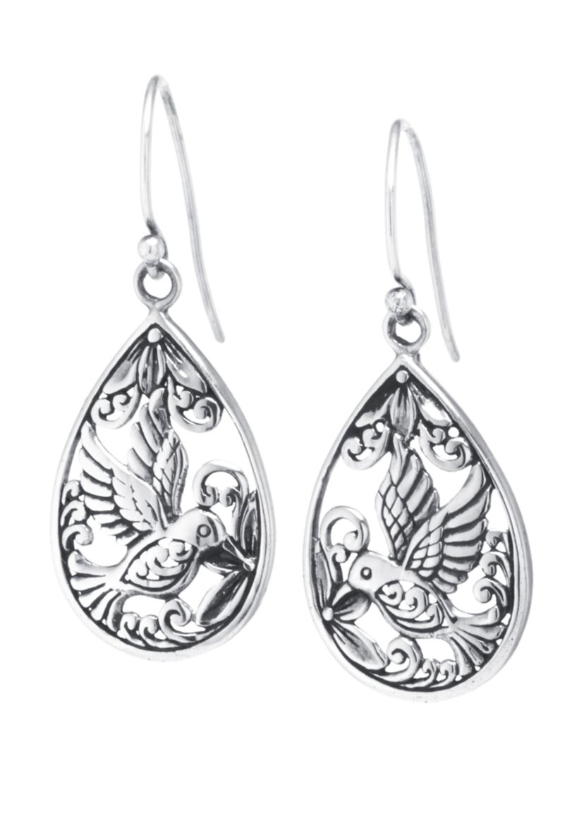 Sterling Silver Oxidized Hummingbird Teardrop Earrings