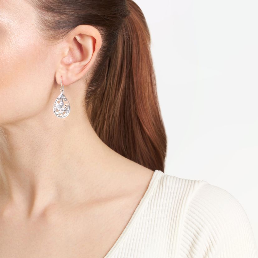 Sterling Silver Oxidized Hummingbird Teardrop Earrings