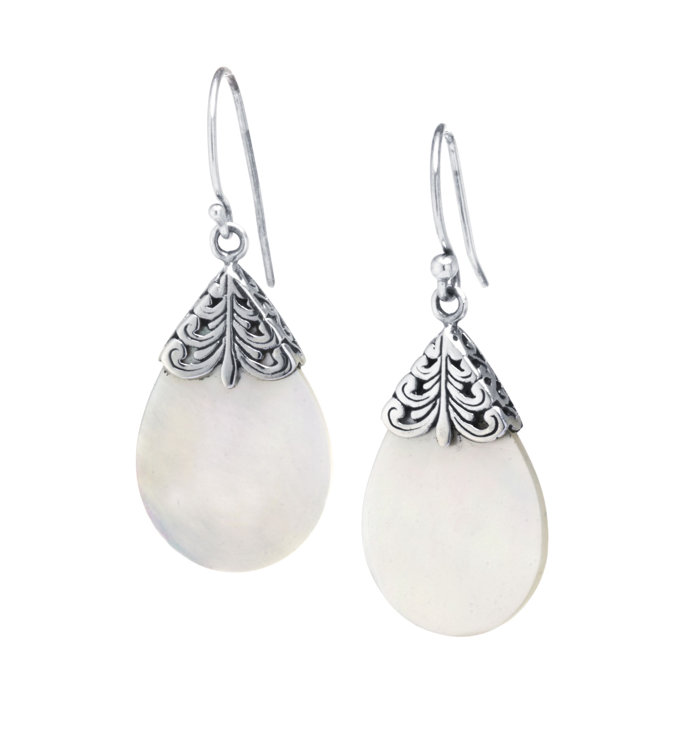 Sterling Silver Bali Mother of Pearl Drop Earrings