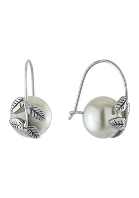 Infinity Silver Sterling Silver Simulated Pearl with Leaf Earrings