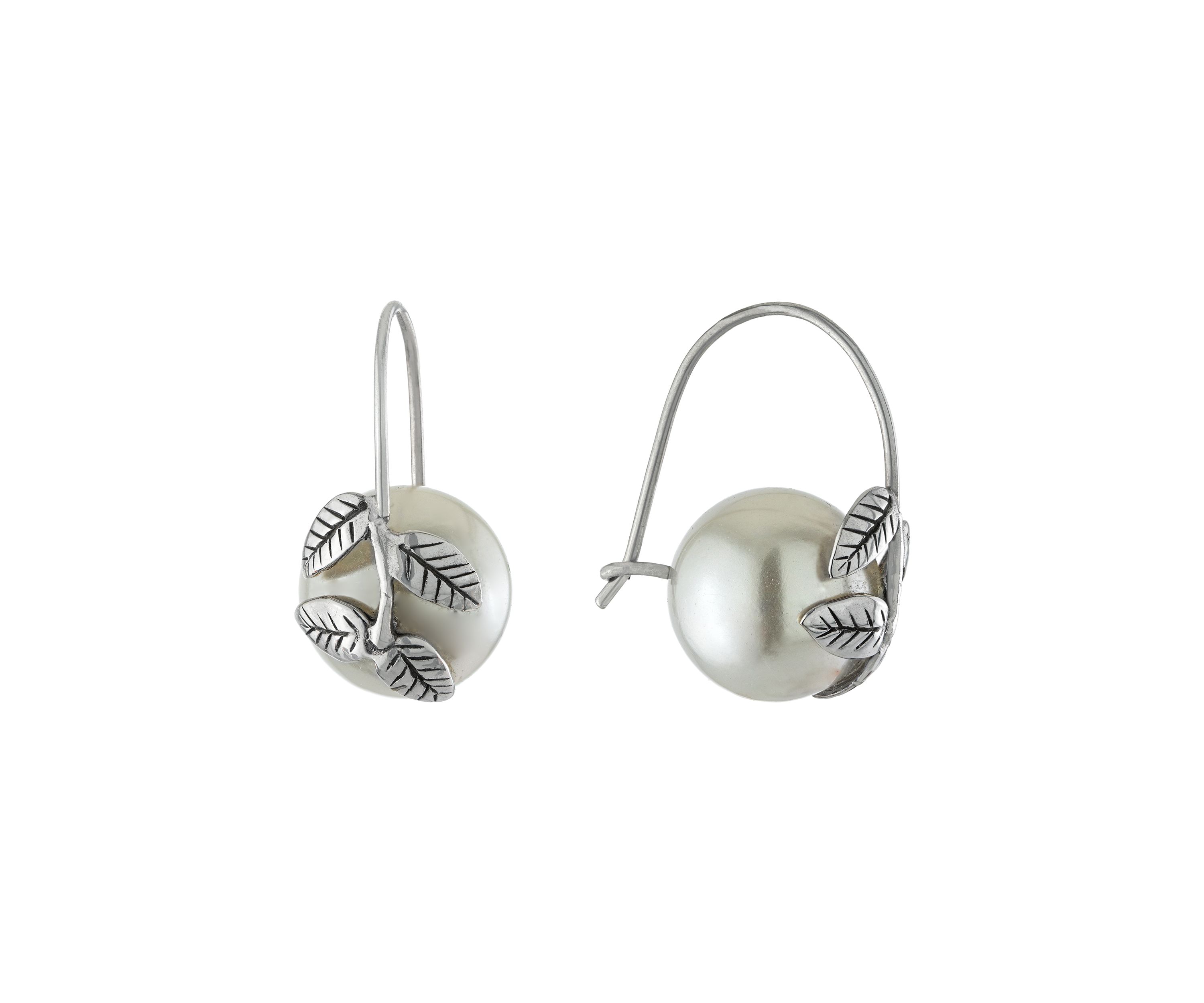 Sterling Silver Simulated Pearl with Leaf Earrings