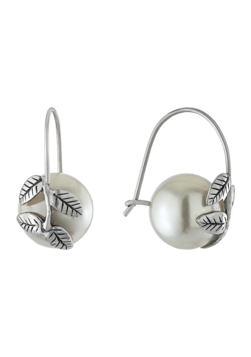Sterling Silver Simulated Pearl with Leaf Earrings