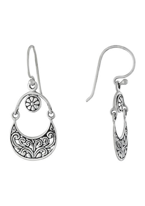 Oxidized Sterling Silver Flower and Swirl Moveable Drop Earrings