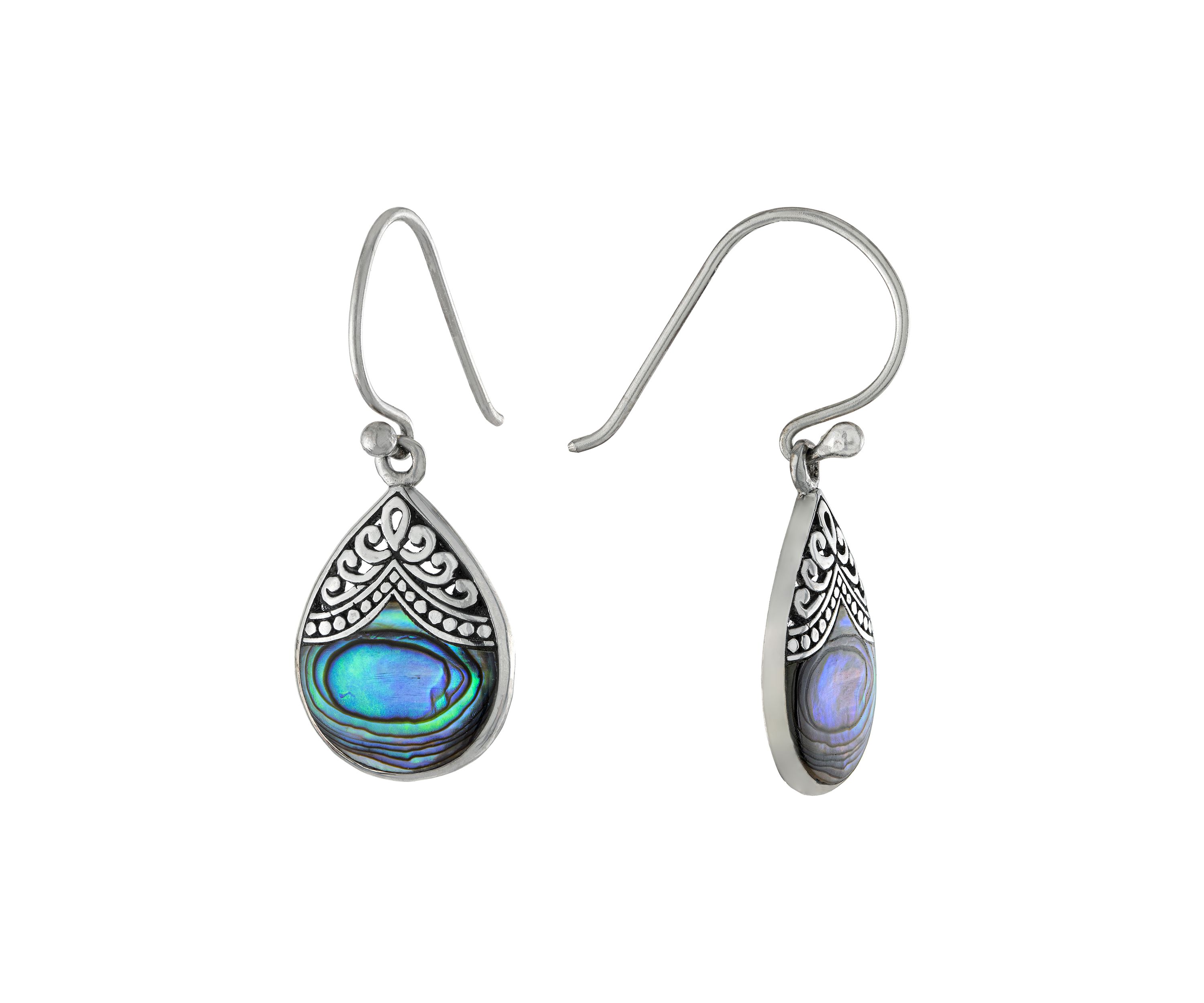 Sterling Silver Oxidized Abalone Filigree Teardrop Earrings