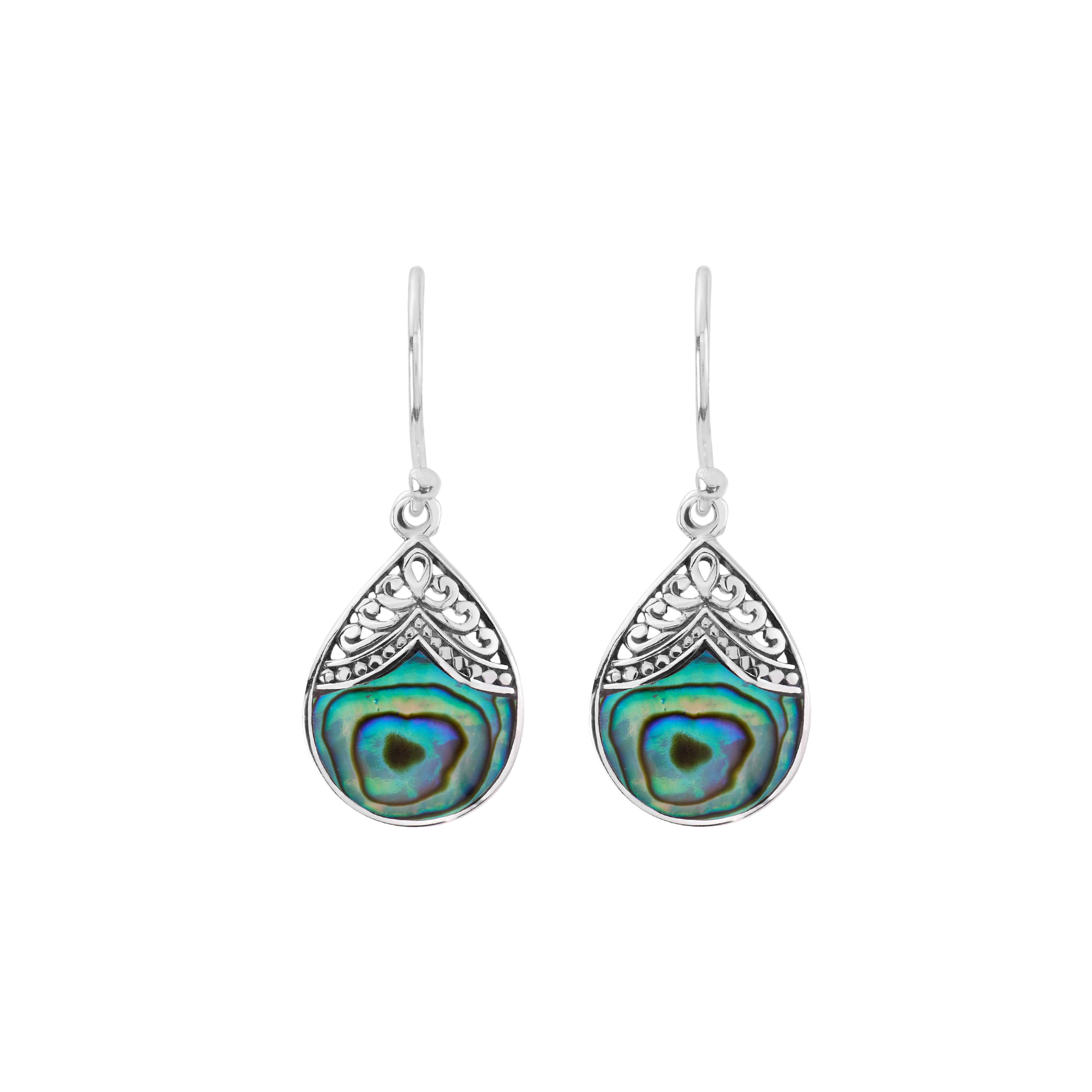 Sterling Silver Oxidized Abalone Filigree Teardrop Earrings
