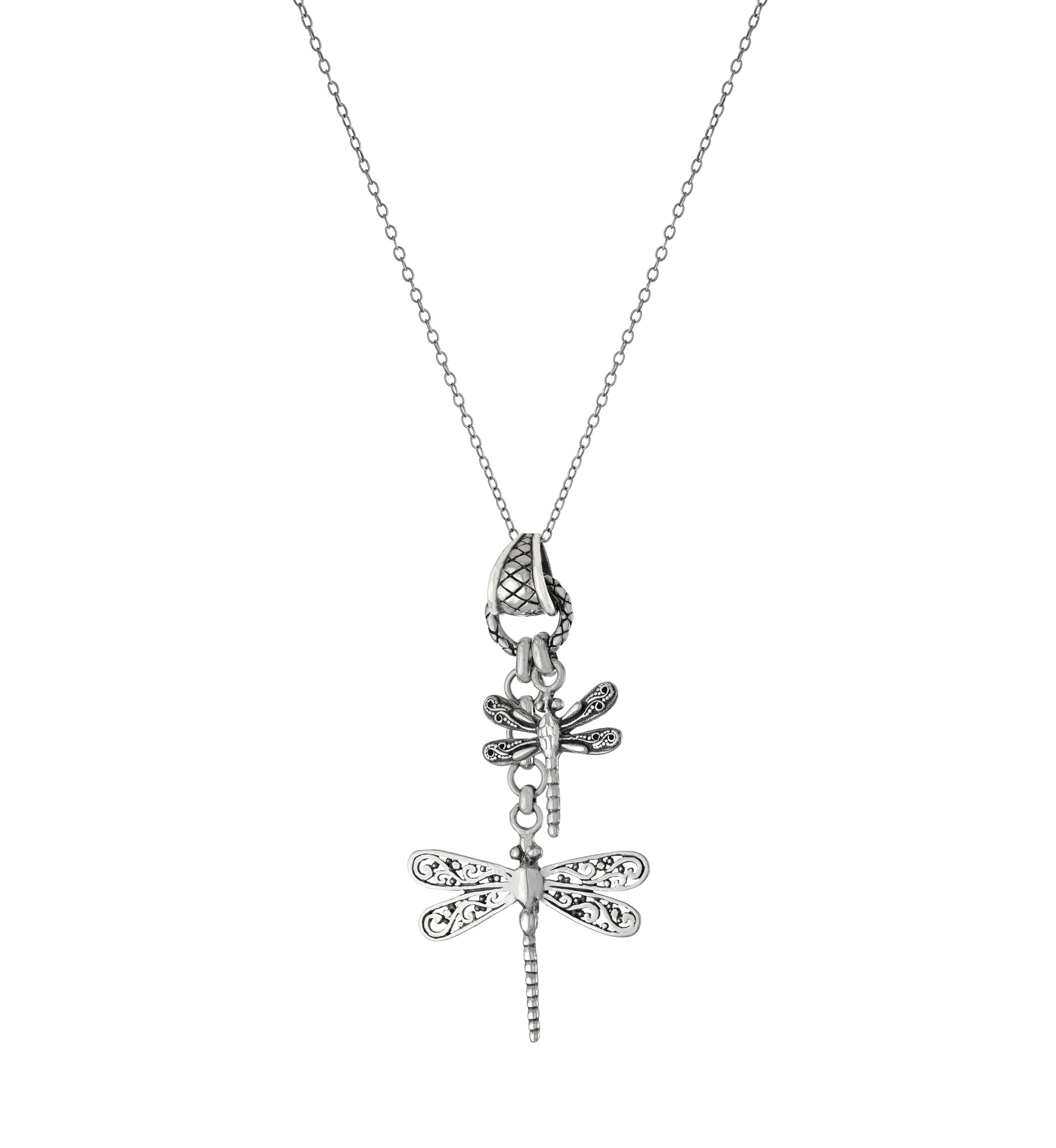  Oxidized Sterling Silver Double Dragonfly Pendant Necklace