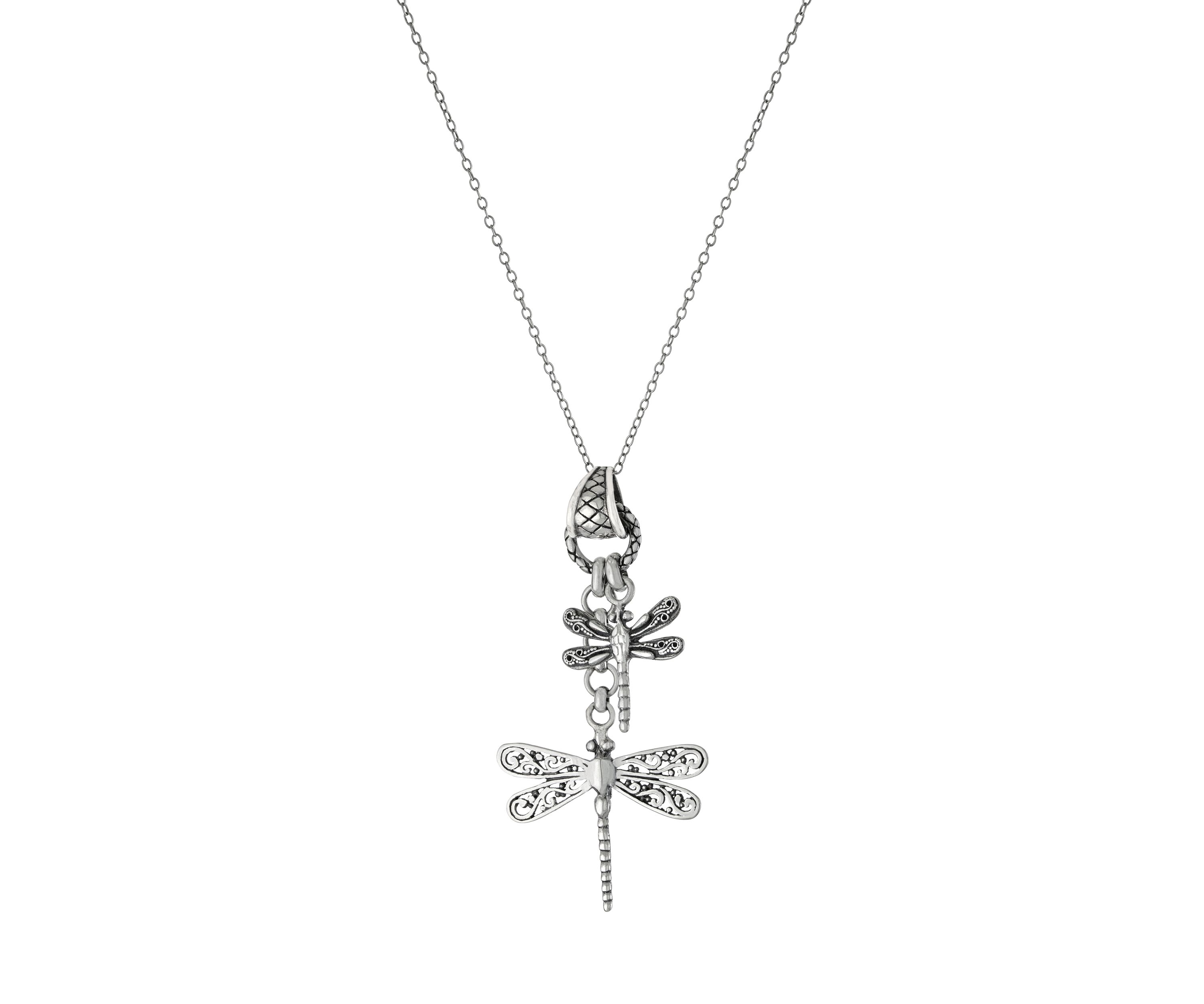  Oxidized Sterling Silver Double Dragonfly Pendant Necklace
