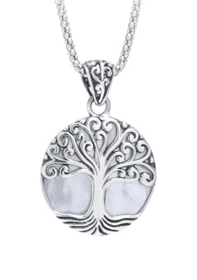 Infinity Silver Sterling Silver Bali Round Mother of Pearl Tree of Life Pendant 18" Necklace