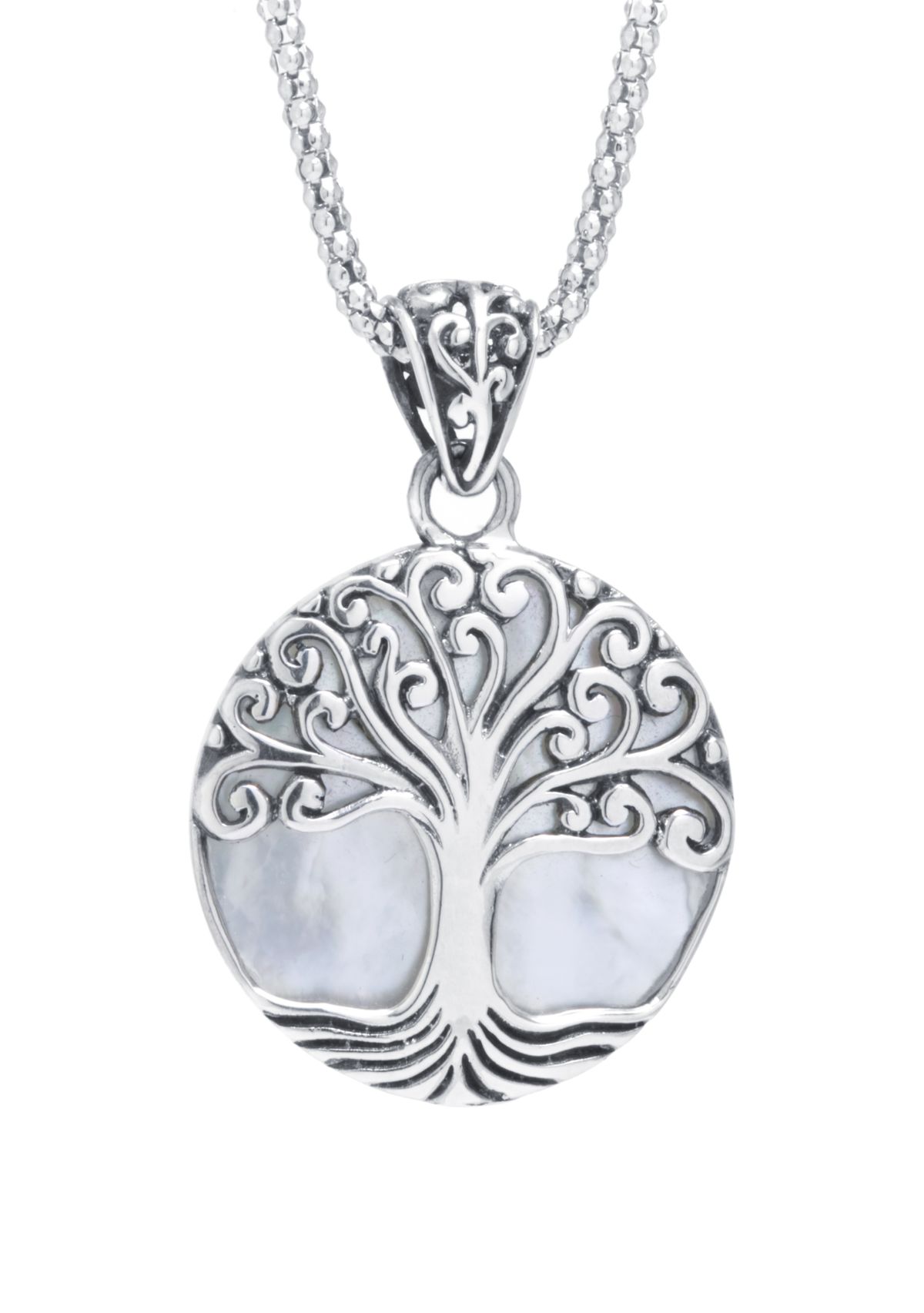  Sterling Silver Bali Round Mother of Pearl Tree of Life Pendant 18" Necklace 