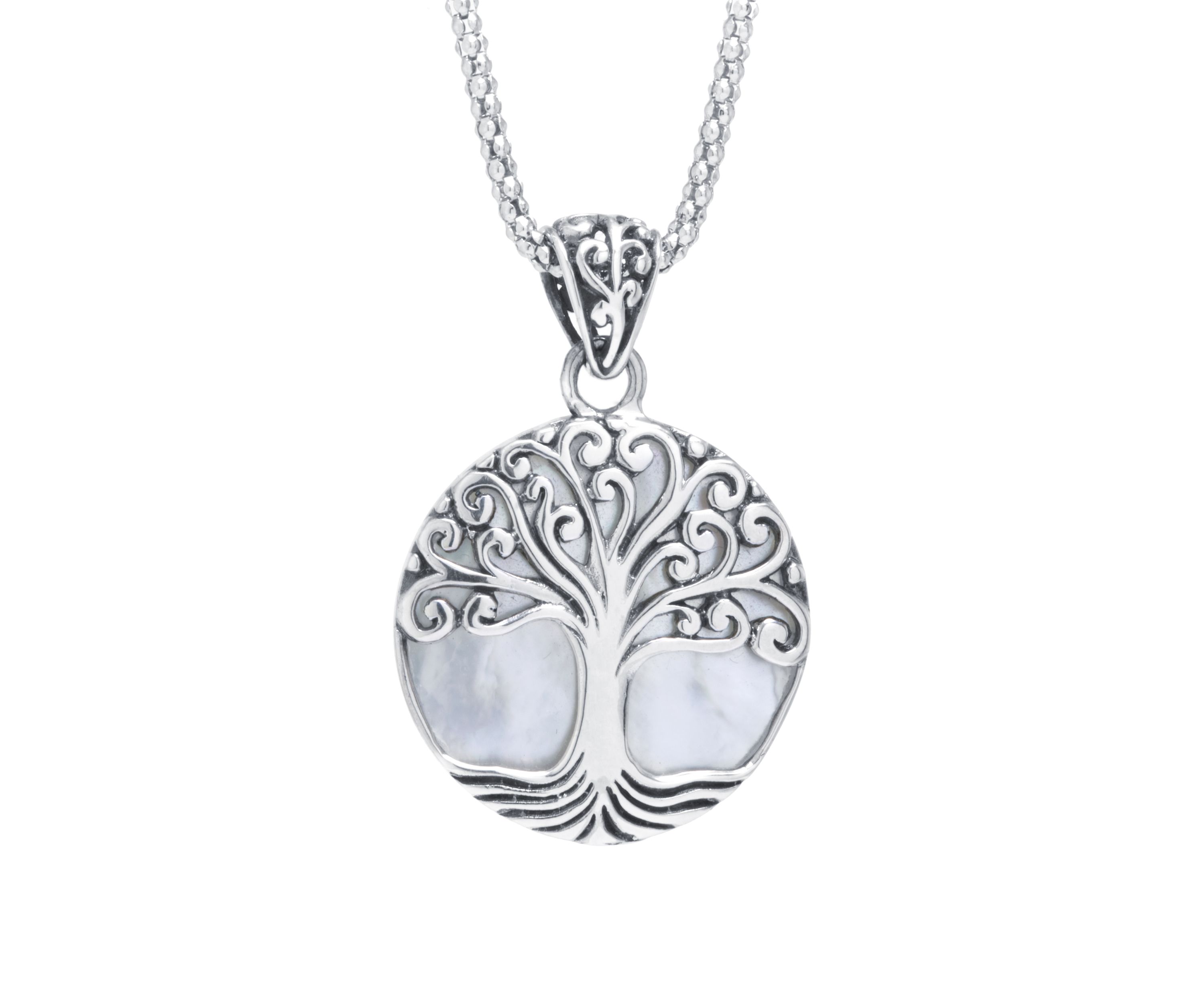  Sterling Silver Bali Round Mother of Pearl Tree of Life Pendant 18" Necklace 