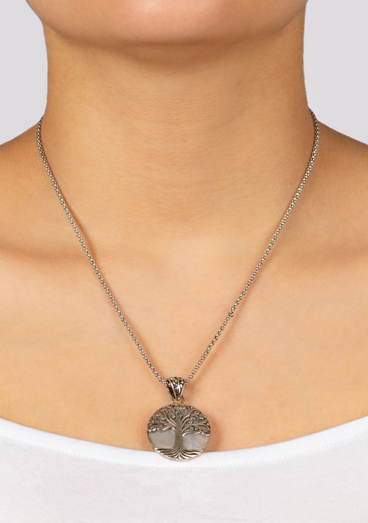  Sterling Silver Bali Round Mother of Pearl Tree of Life Pendant 18" Necklace 