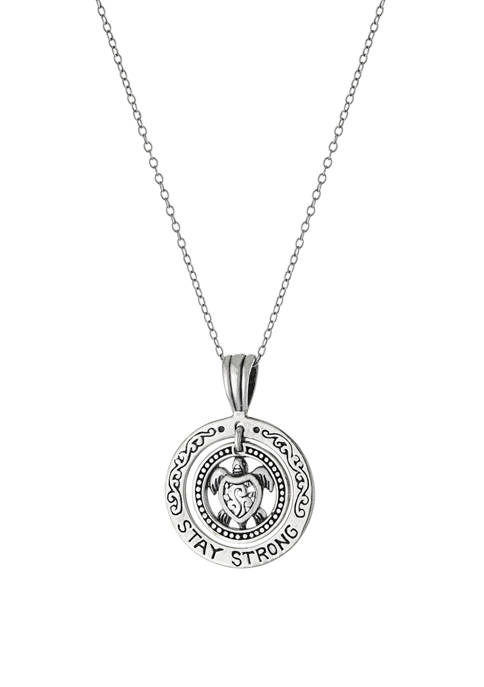 18 Inch Oxidized Sterling Silver Round Stay Strong Turtle Pendant Necklace 