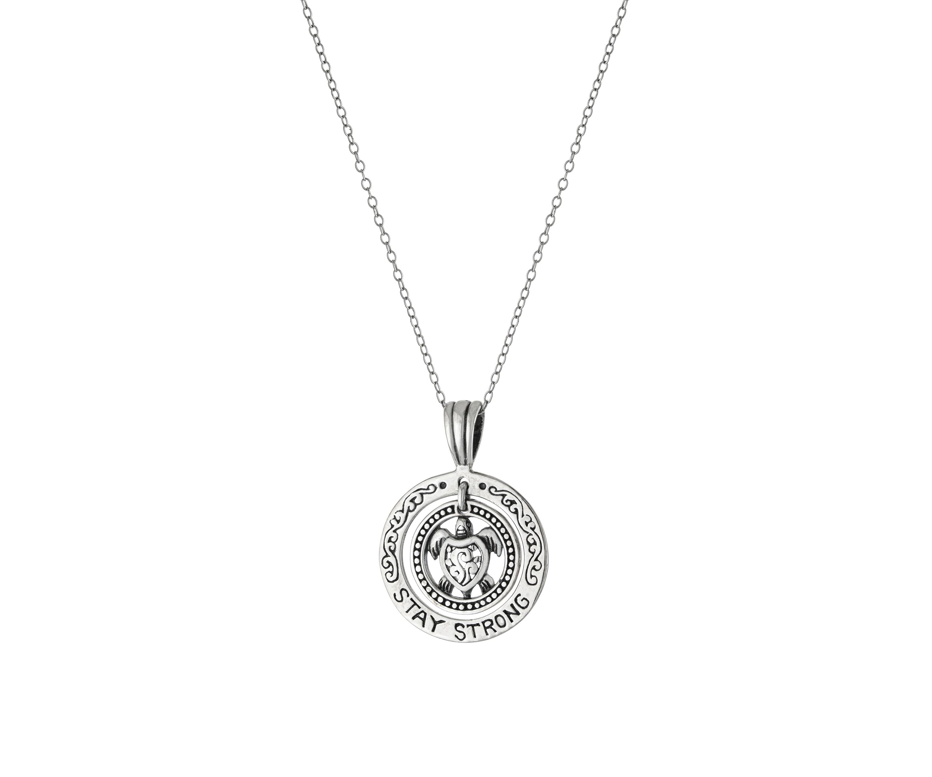 18 Inch Oxidized Sterling Silver Round Stay Strong Turtle Pendant Necklace 