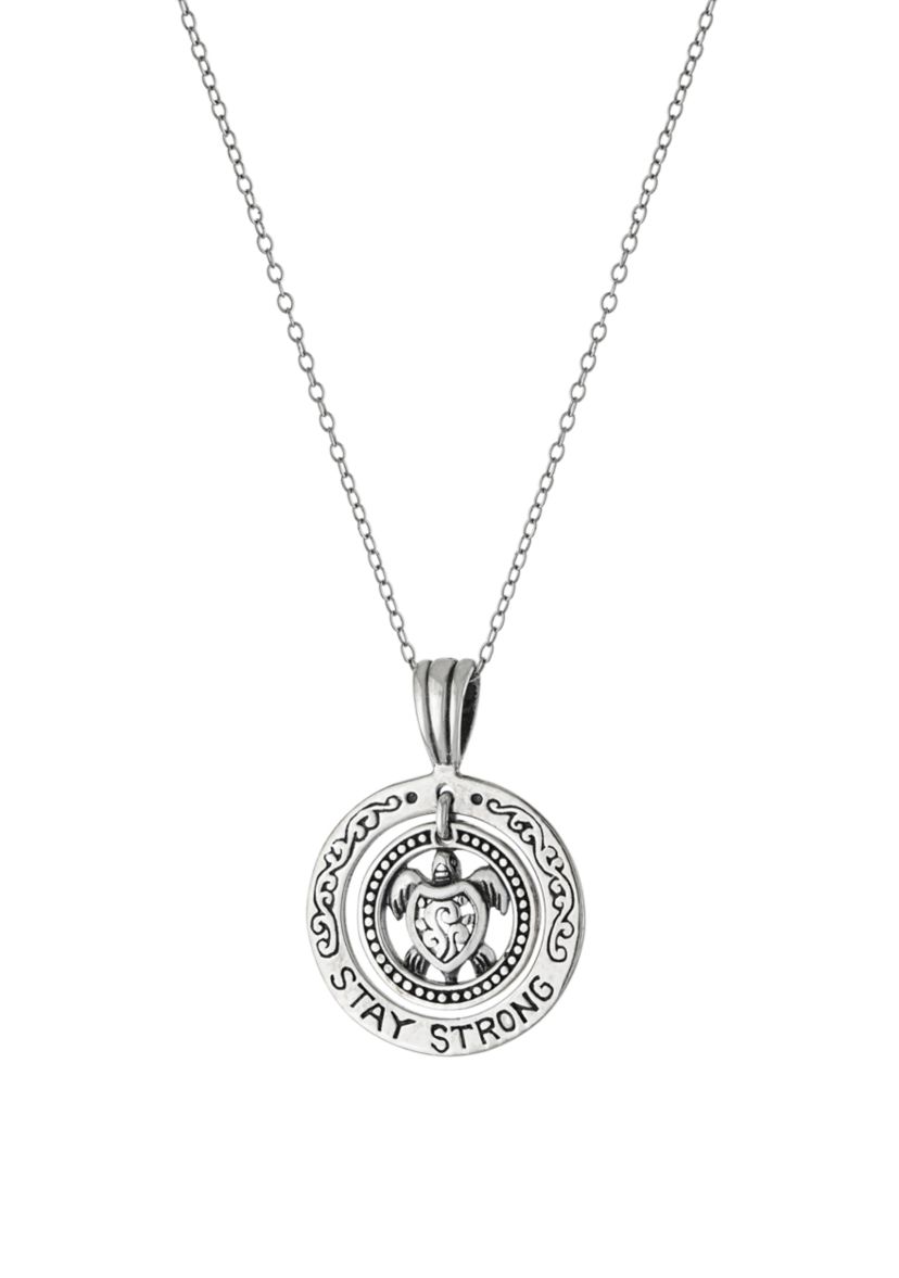 18 Inch Oxidized Sterling Silver Round Stay Strong Turtle Pendant Necklace 