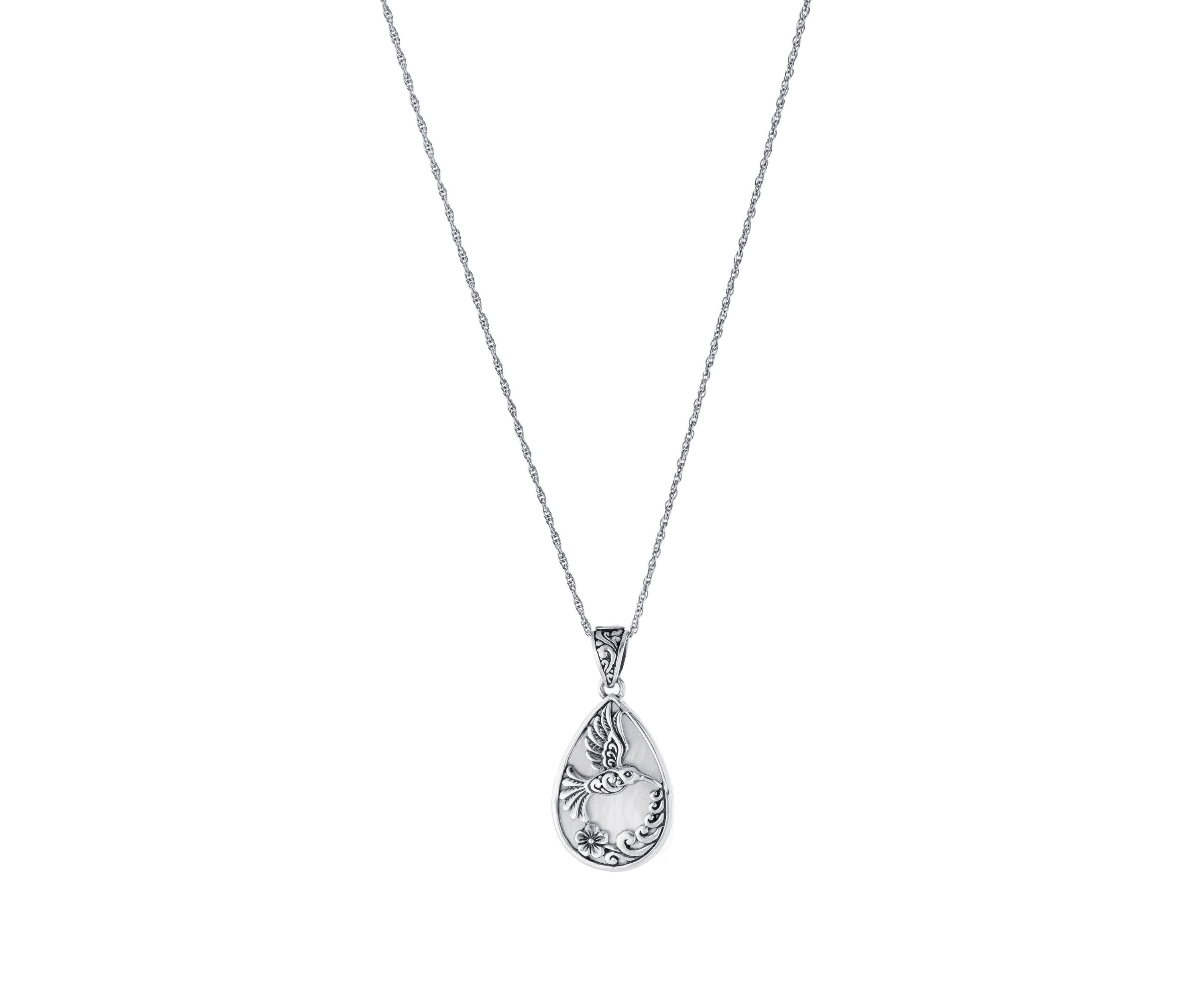 Sterling Silver 18IN Mother of Pearl Hummingbird Teardrop Pendant Necklace