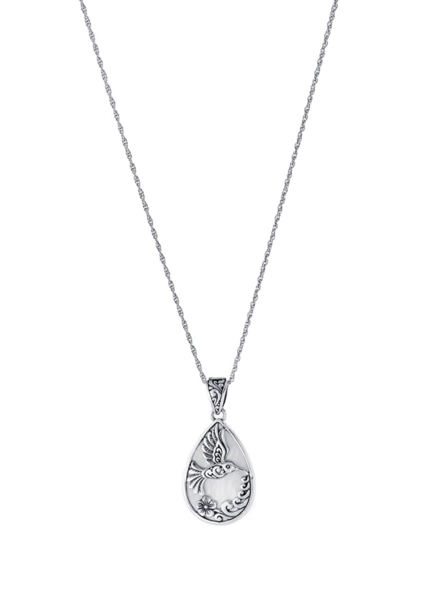 Sterling Silver 18IN Mother of Pearl Hummingbird Teardrop Pendant Necklace