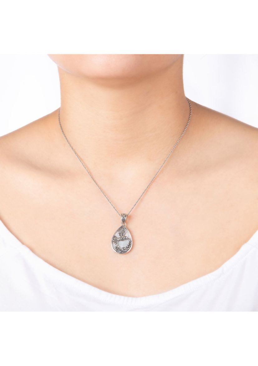 Sterling Silver 18IN Mother of Pearl Hummingbird Teardrop Pendant Necklace