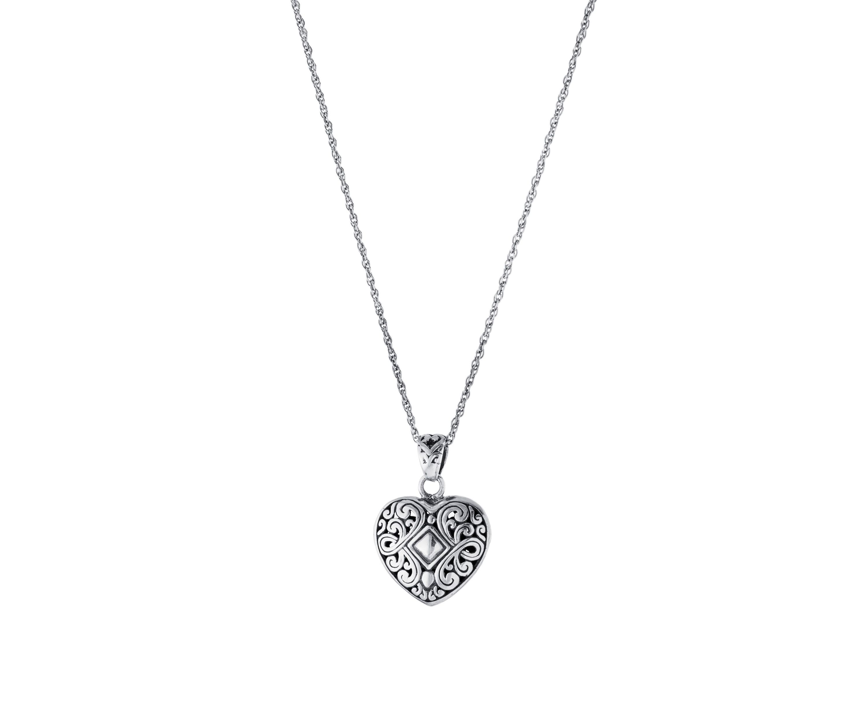 Sterling Silver 18IN Oxidized Filigree Heart Pendant Necklace