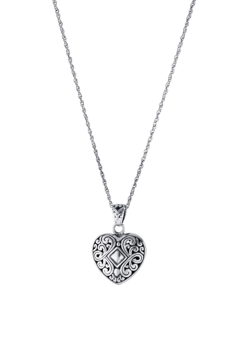 Sterling Silver 18IN Oxidized Filigree Heart Pendant Necklace