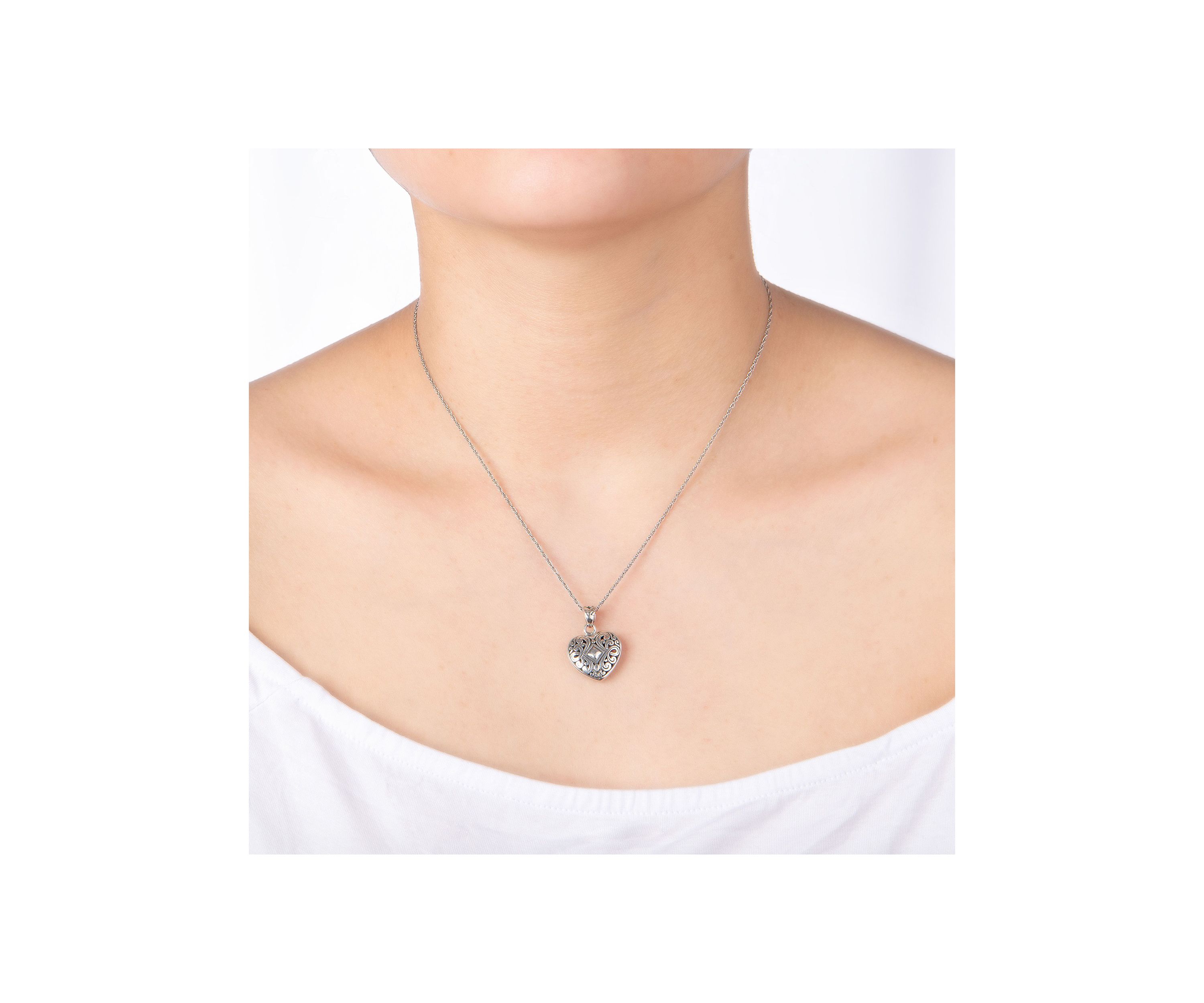Sterling Silver 18IN Oxidized Filigree Heart Pendant Necklace