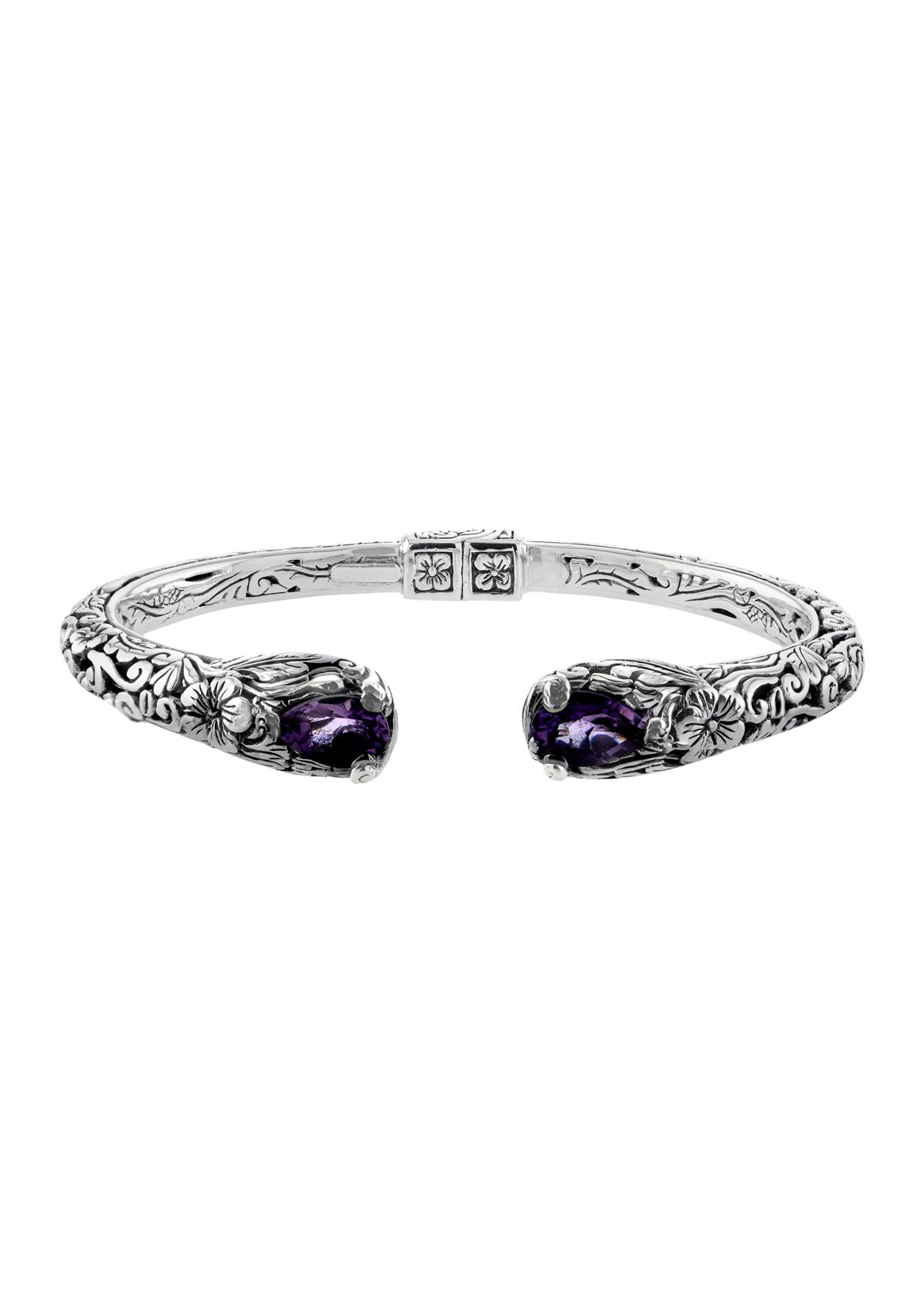 Sterling Silver Amethyst Flower Hinged Cuff Bracelet