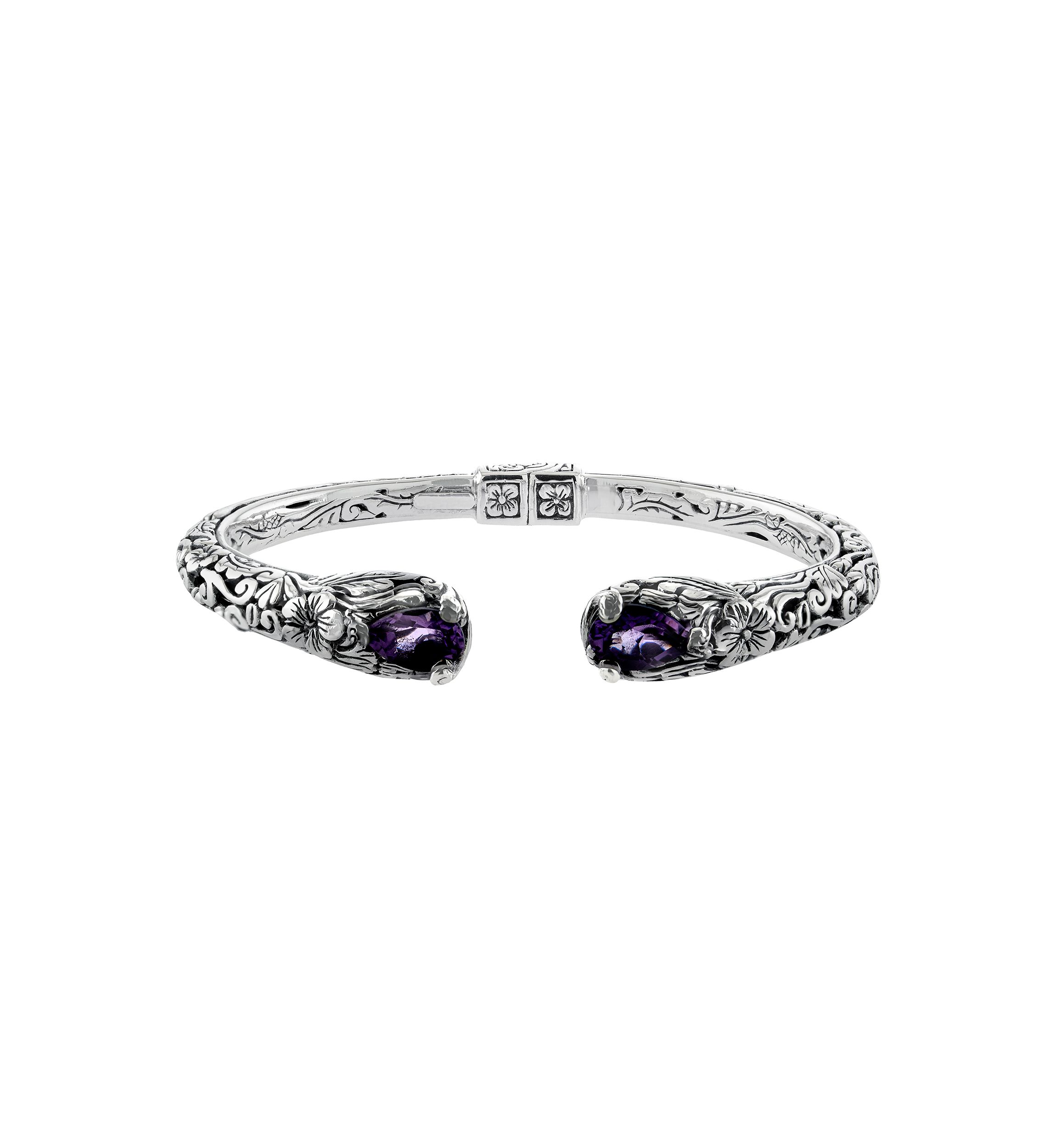 Sterling Silver Amethyst Flower Hinged Cuff Bracelet