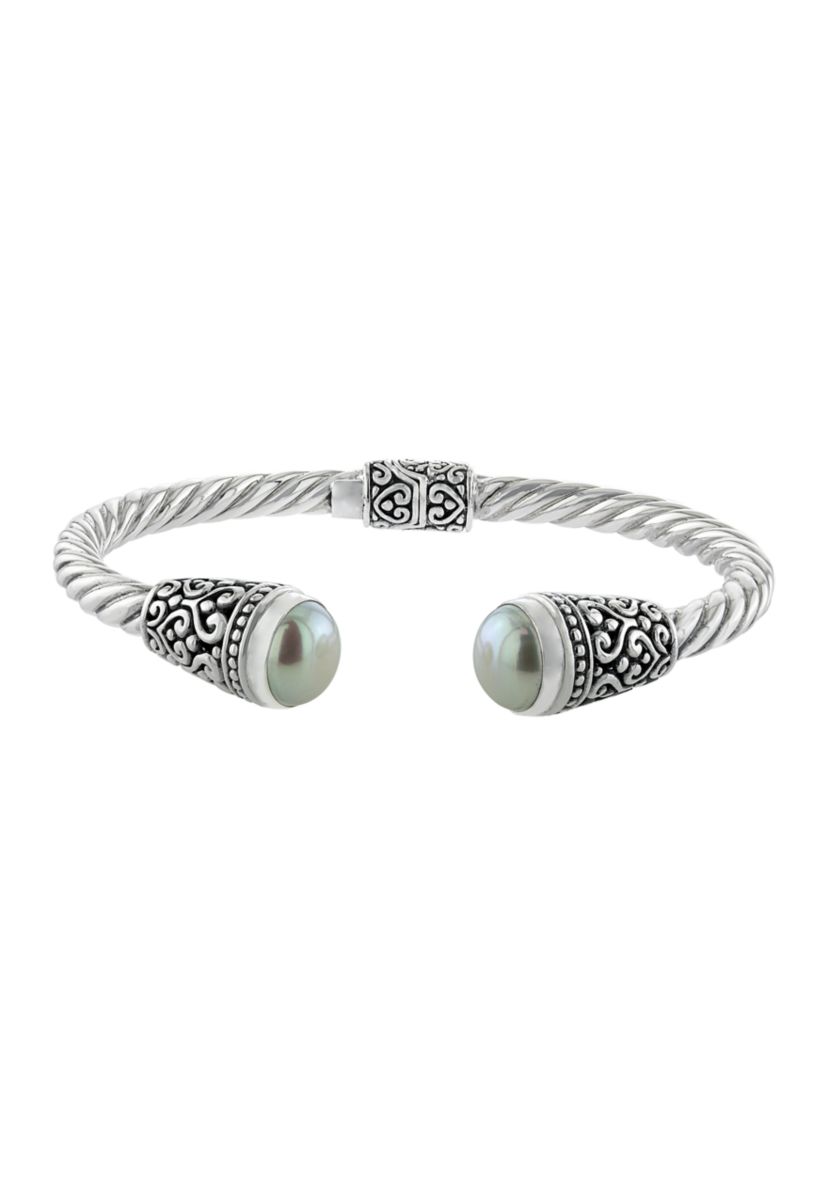 Sterling Silver Freshwater Pearl Oxidized Filigree Hindged Cuff Bracelet