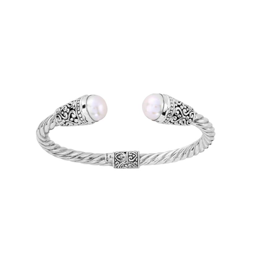 Sterling Silver Freshwater Pearl Oxidized Filigree Hindged Cuff Bracelet
