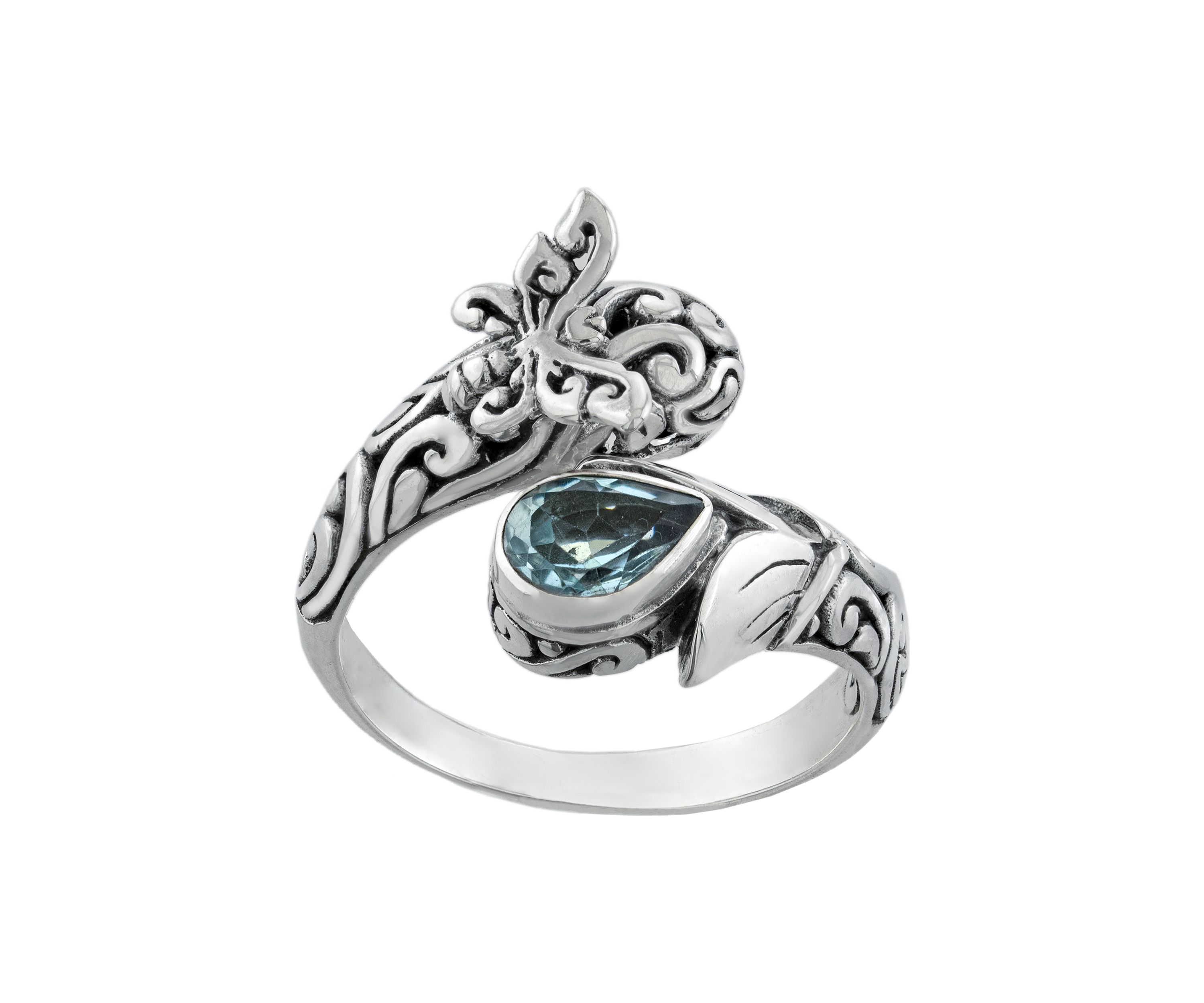 Sterling Silver Blue Topaz Oxidized Butterfly Bypass Ring - Size 7