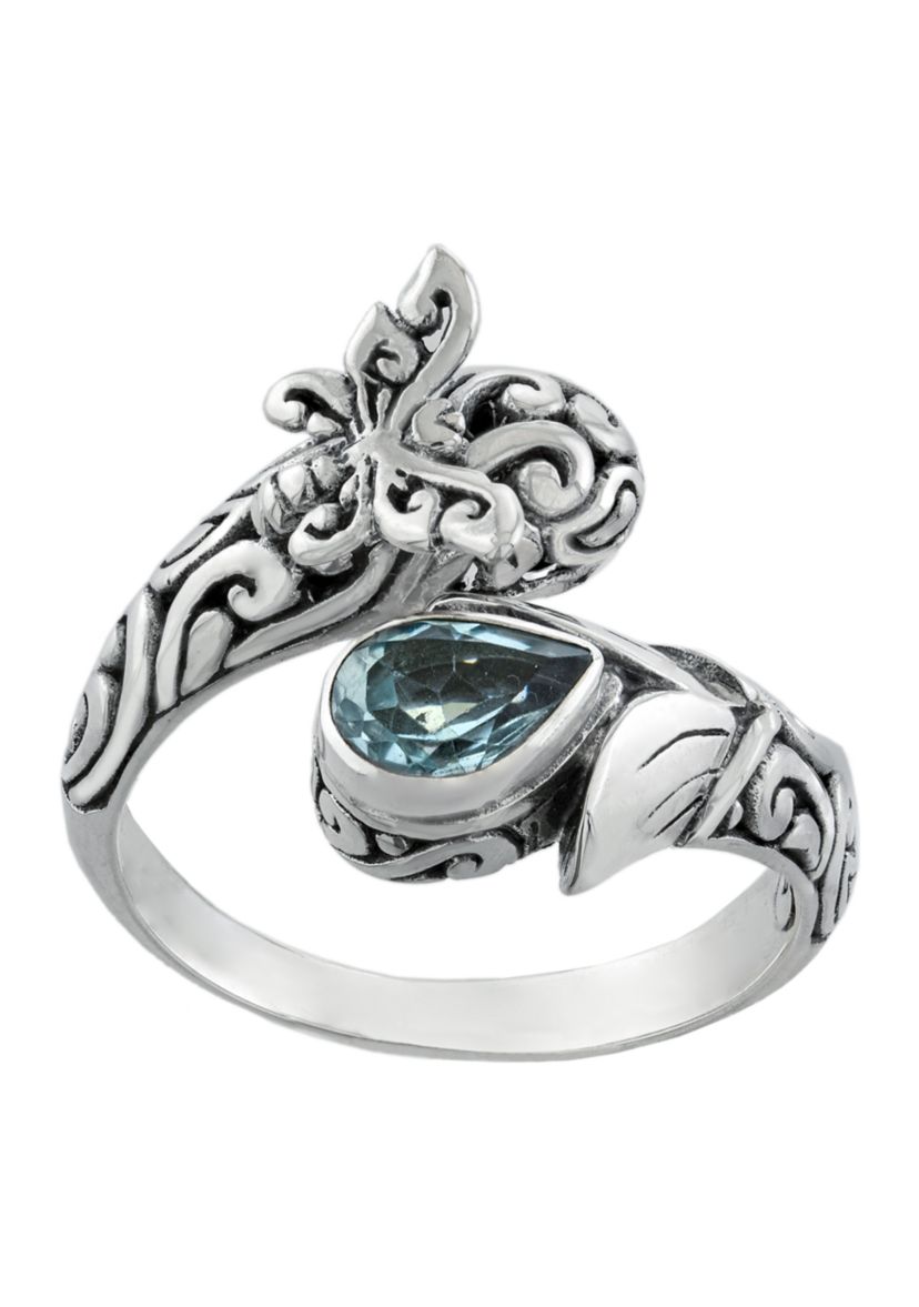 Sterling Silver Blue Topaz Oxidized Butterfly Bypass Ring - Size 7