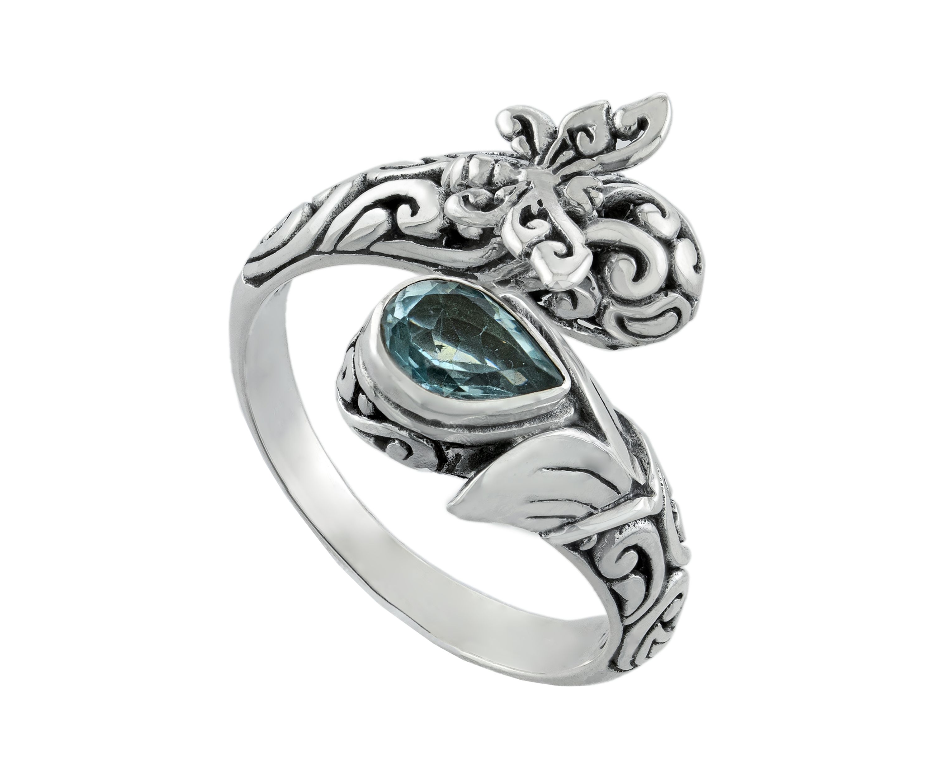 Sterling Silver Blue Topaz Oxidized Butterfly Bypass Ring - Size 7