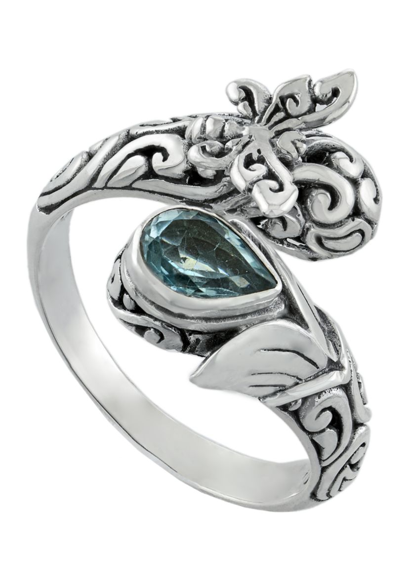 Sterling Silver Blue Topaz Oxidized Butterfly Bypass Ring - Size 7