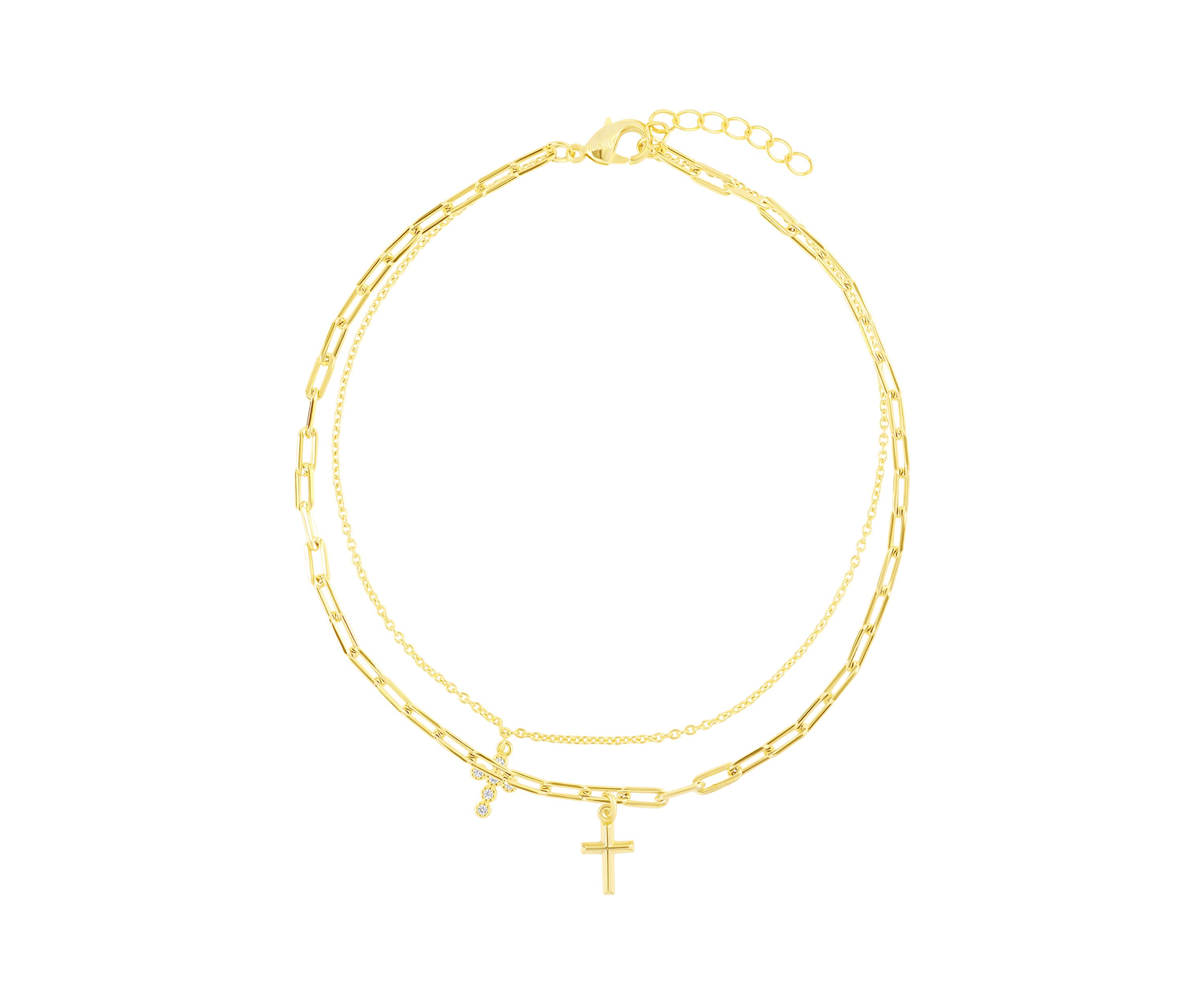 Gold Plated Cubic Zirconia Cross Double Chain Anklet
