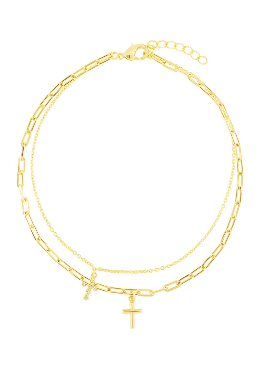 Gold Plated Cubic Zirconia Cross Double Chain Anklet