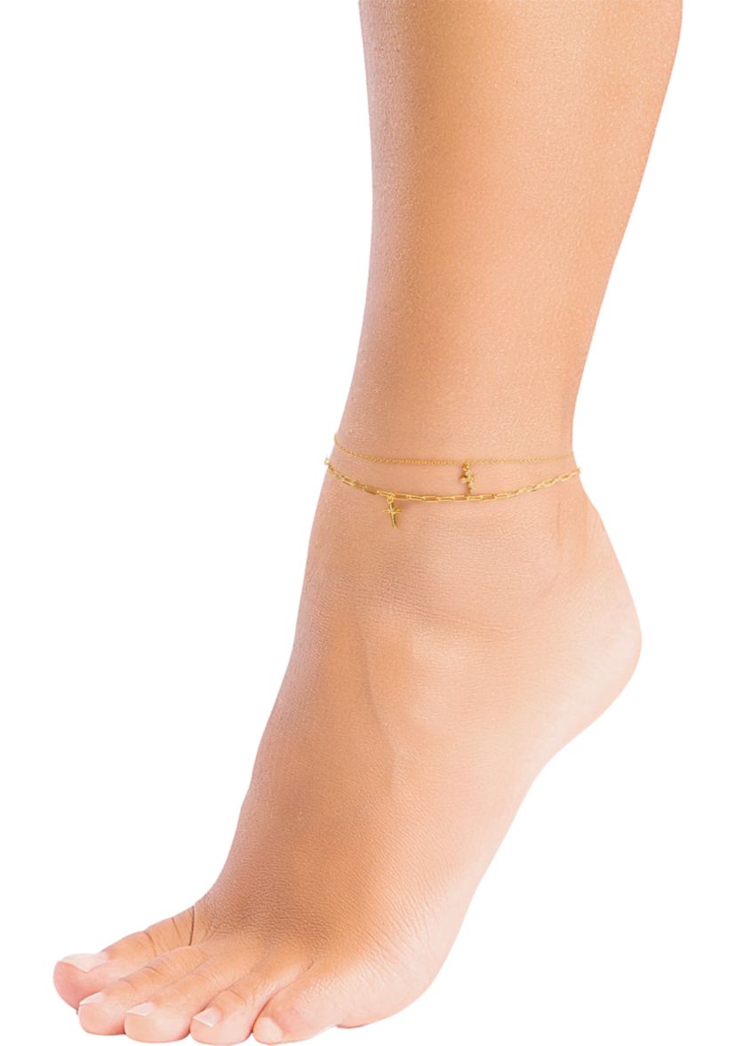 Gold Plated Cubic Zirconia Cross Double Chain Anklet
