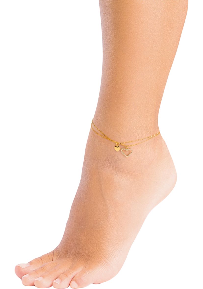 Gold Plated Cubic Zirconia Heart Double Chain Anklet