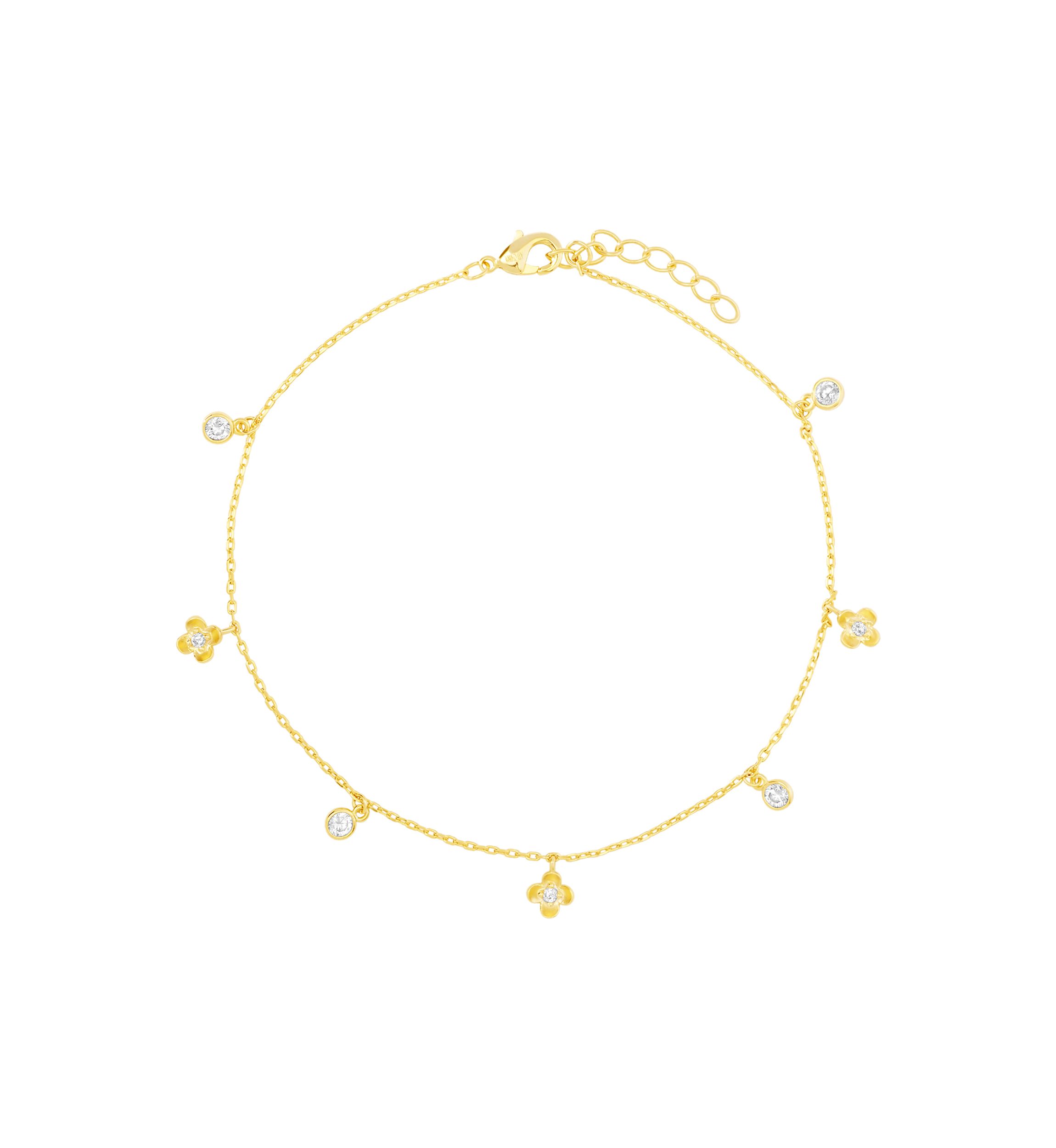 Gold Plated Cubic Zirconia Flower and Evil Eye Anklet