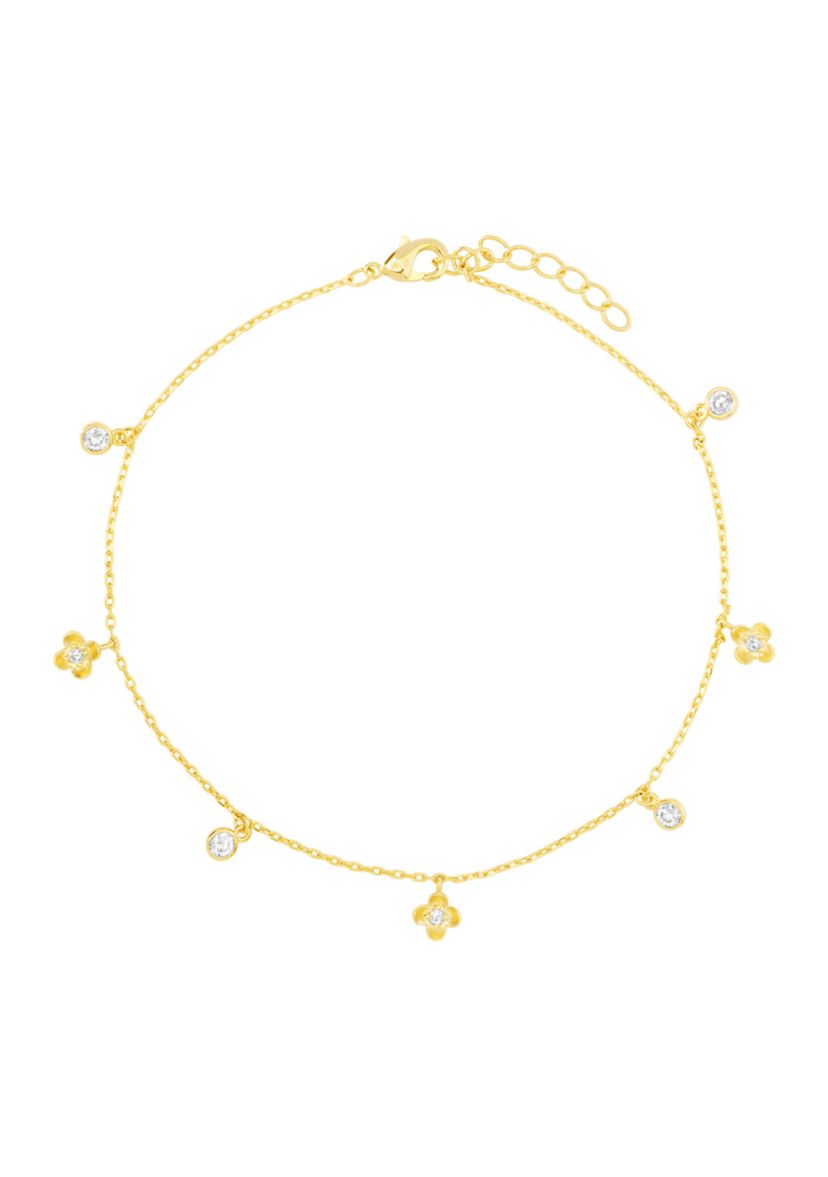 Gold Plated Cubic Zirconia Flower and Evil Eye Anklet