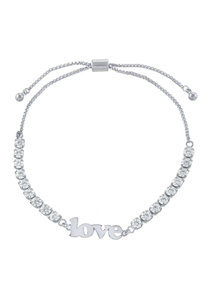 Fine Silver Plated Cubic Zirconia Love Bolo Bracelet