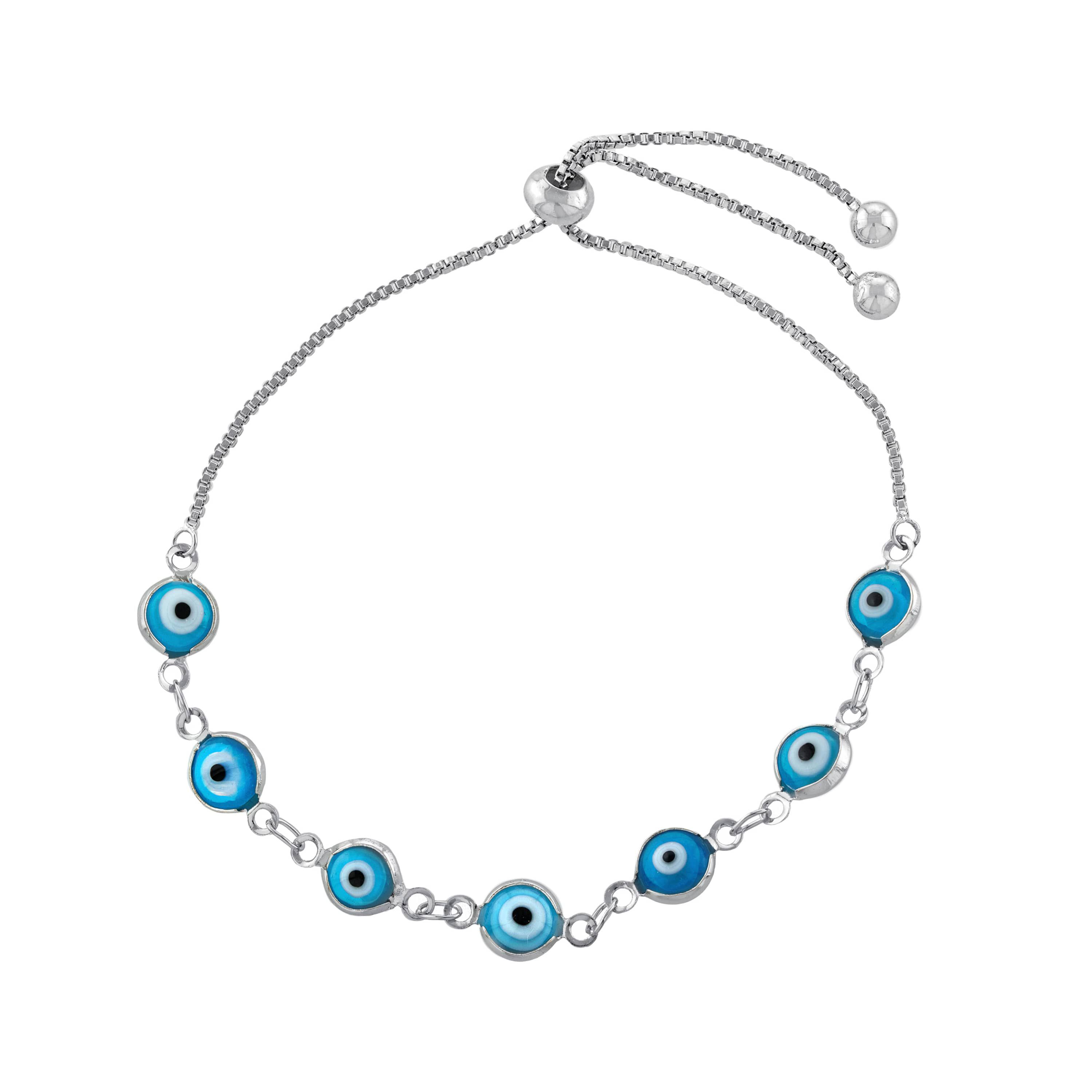 Silver Plated Aqua Glass Guardian Eye Bolo Bracelet
