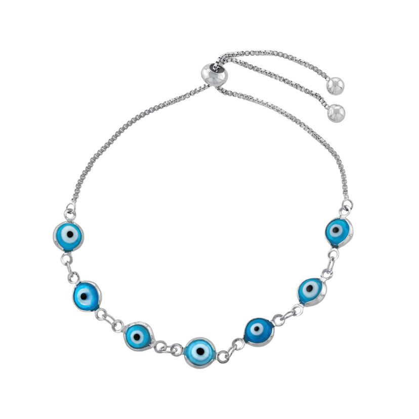 Silver Plated Aqua Glass Guardian Eye Bolo Bracelet