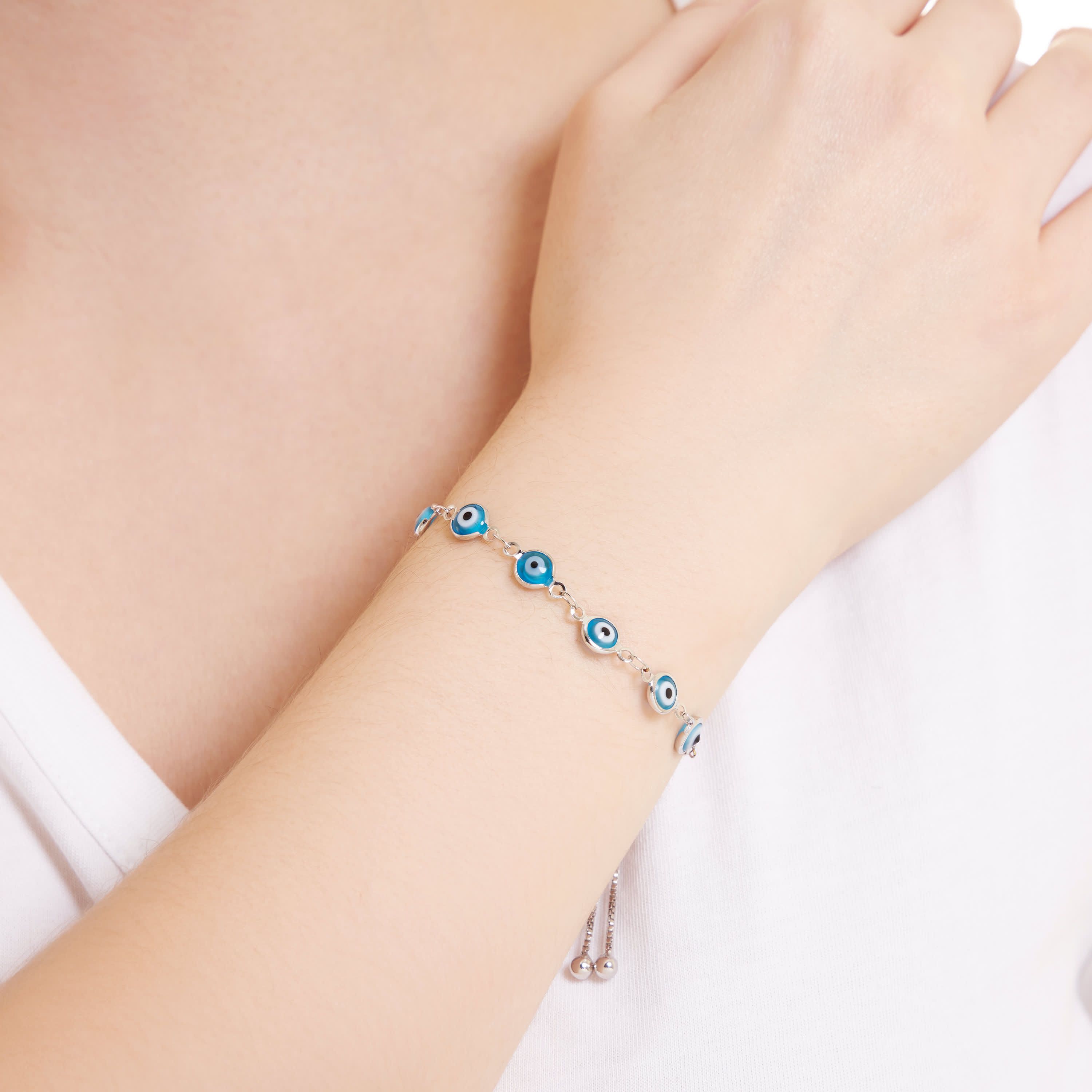 Silver Plated Aqua Glass Guardian Eye Bolo Bracelet