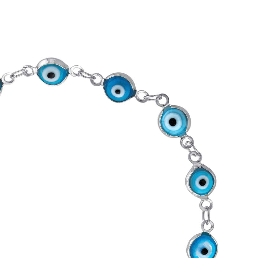 Silver Plated Aqua Glass Guardian Eye Bolo Bracelet