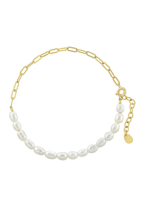 Yellow Gold Fine Silver Plated Freshwater Pearl on Chain Bracelet