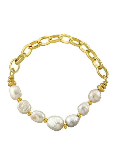 Gold Over Fine Silver Plated Fresh Water Pearl and Chain Stretch Bracelet