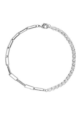 Silver Plated Half Cubic Zirconia Tennis and Paperclip Bracelet