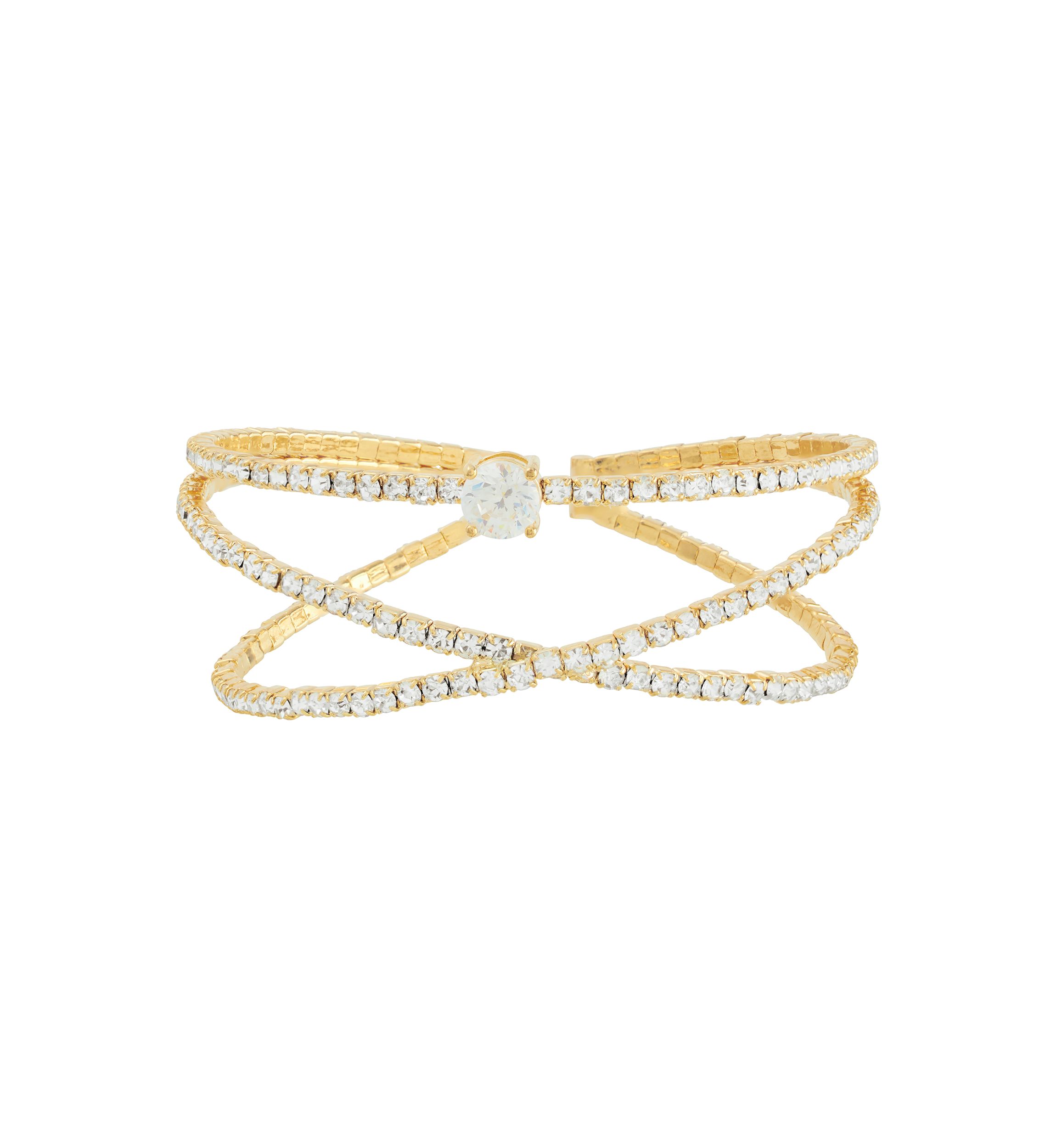 Gold Plated Crystal Double Bangle with Cubic Zirconia Solitare Bracelet