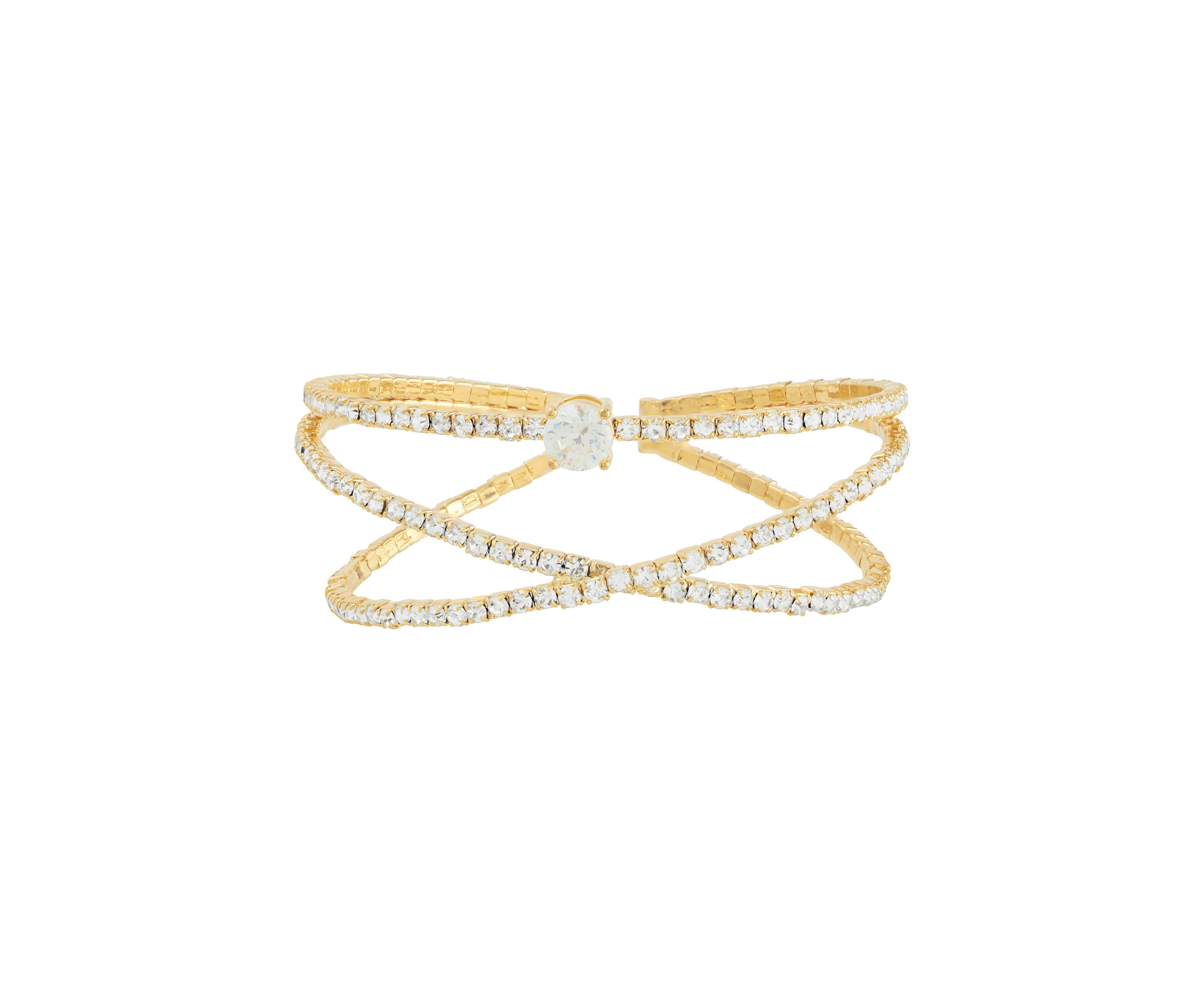Gold Plated Crystal Double Bangle with Cubic Zirconia Solitare Bracelet