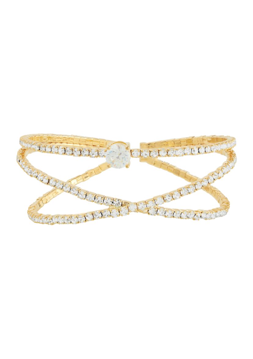 Gold Plated Crystal Double Bangle with Cubic Zirconia Solitare Bracelet