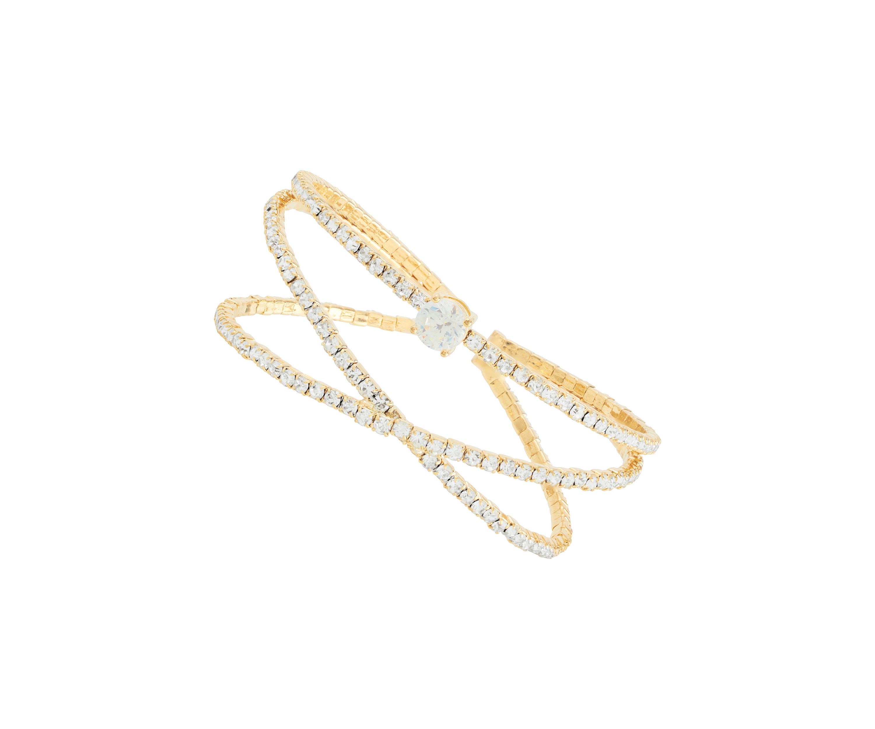 Gold Plated Crystal Double Bangle with Cubic Zirconia Solitare Bracelet